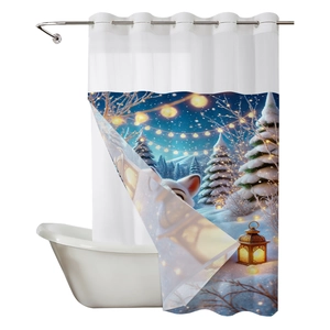White waffle weave shower curtain with winter forest print and rustproof metal grommets