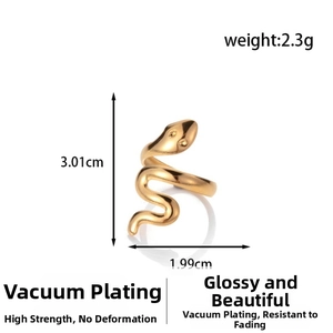 Macro view of gold snake ring with dimensions 3.01cm height and vacuum plated finish