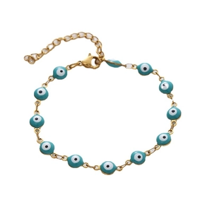 Gold stainless steel bracelet with blue evil eye enamel charms and lobster clasp