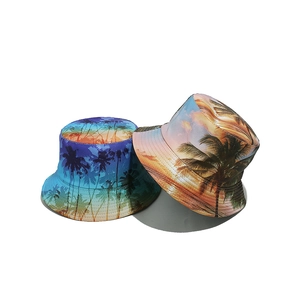 Outdoor summer bucket hat set with vibrant gradient sunset and palm tree tropical prints
