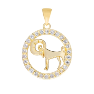 Golden Aries zodiac pendant with sparkling cubic zirconia stones on white background