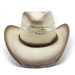 Classic straw cowboy hat with ventilated weave, gradient brown edges and leather band