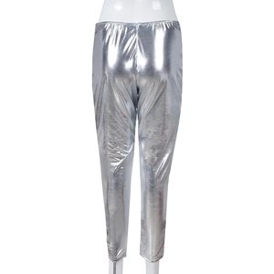 Close-up of the silver metallic coated fabric and high elastic waist of thermal pants