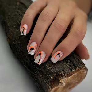 Abstract Wave Stripe Press On Nails Medium Square Artistic White Orange Black Fake Nails For Women Manicure Chic