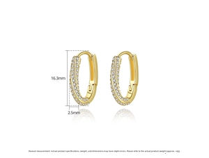 Detailed size view of gold U-shaped earrings with pave-set zircons showing 16.3mm height