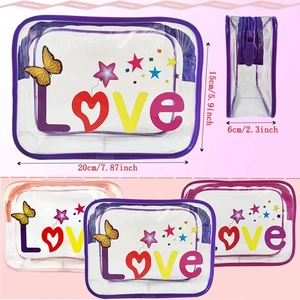 Three clear PVC makeup bags with Love patterns and purple, pink, rose trim details