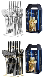 Detailed view of 24-piece stainless steel cutlery set with storage rack and gift box