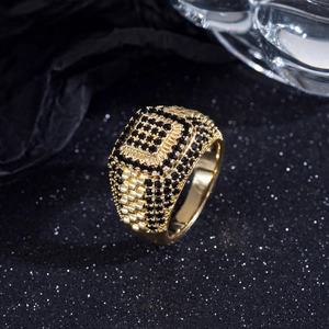 Men's hip hop square ring with black micro-paved crystals in gold plated stainless steel