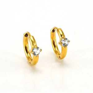 Close-up of gold-plated stainless steel hoop earrings with round-cut cubic zirconia