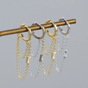 Detailed view of S925 silver tassel chain earrings with gold and silver finishes
