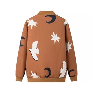 Braune Vintage-Baseballjacke mit Stickerei von Vögeln und Mond auf der Rückseite