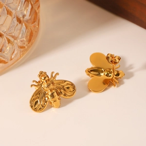 Exquisite 18K gold-plated stainless steel bee stud earrings on a clean background