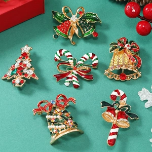 Christmas Brooch Alloy Rhinestone Enamel Bell Xmas Tree Candy Cane Festive Vintage Jewelry Pin For Women Holiday Decor