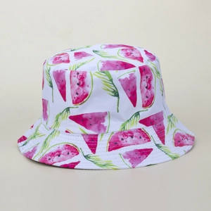 Detail of white cotton bucket hat featuring pink watermelon pattern and reinforced stitching