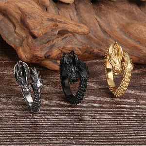 Retro dragon open rings for men in gold, silver, and black finish with detailed scales