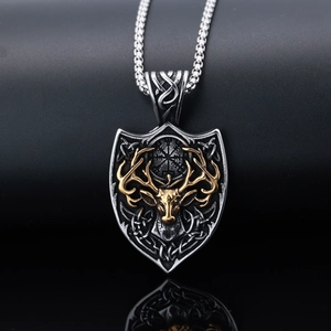 Shield-shaped deer head necklace pendant with gold stag and Viking compass detail