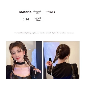 Detailed view of 52cm alloy rhinestone hair chain woven into a braided ponytail hairstyle