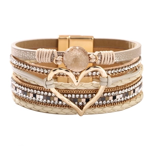 Bohemian Multi-layer Heart Rhinestone Magnetic Bracelet PU Leather Alloy Bangle For Women Vintage Fashion Jewelry Accessory