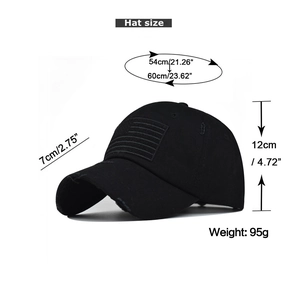 Detailed size specifications for a black vintage washed cotton American flag baseball cap