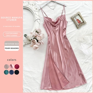 Women Sexy Satin Nightgown Cowl Neck Spaghetti Strap Imitation Satin Nightdress Sleeveless Backless Sleepwear Side Slit