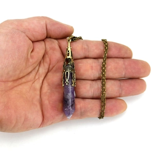 Bohemian natural amethyst hexagonal crystal pendant necklace with vintage bronze cap