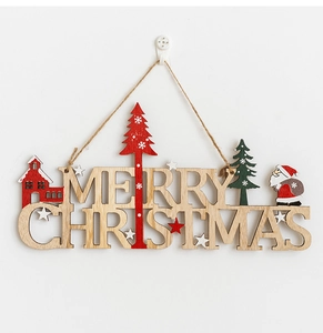 Detail of wooden Merry Christmas hanging sign with Santa and festive tree ornaments
