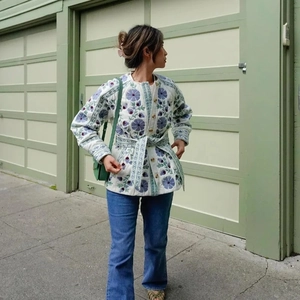 Women Quilted Jacket Floral Embroidery Long Sleeve Round Neck Vintage Ethnic Style Casual Outerwear