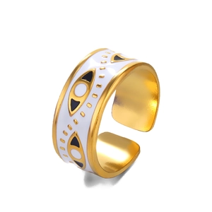 Bague ouverte réglable en acier doré avec motif œil maléfique en émail blanc et noir