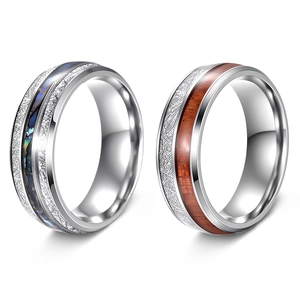 Men Band Ring 304 Stainless Steel Acacia Wood Abalone Shell Inlay Meteorite Texture Polished Trendy Jewelry