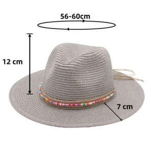 Detailed size specifications of the grey Panama straw hat with colorful beads