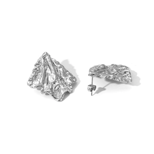 Minimalist silver stainless steel earrings with vintage irregular crinkle lava texture