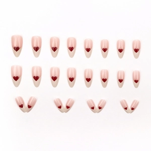 24pcs French almond fake nails with red heart tips in sweet nude pink glossy finish