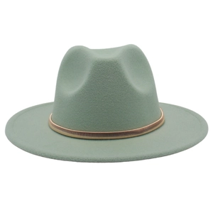 Detail of mint green fedora hat featuring a gold metallic braided band and flat wide brim