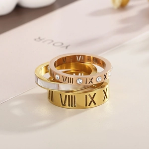 Detailed macro view of triple-layered Roman numeral rings with shell and crystal inlays