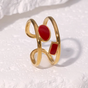 Classic 18k gold plated stainless steel open ring with red geometric enamel accents