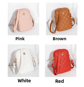 Quilted mini crossbody phone bags in pink, brown, white, and red with gold flower charm