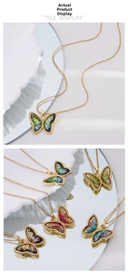 Detail showing multi-colored butterfly pendants with 18K gold plated chains and glitter fill