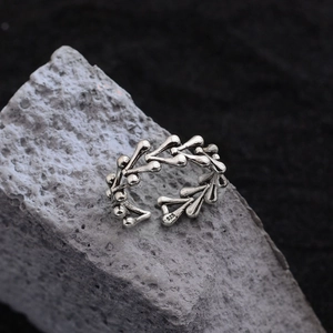 Irregular vintage 925 silver open ring with natural plant branch and bud design
