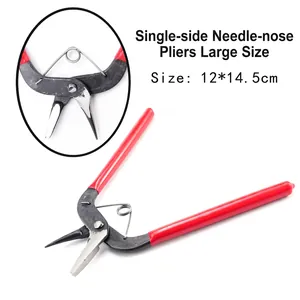 Detail of red and black long nose jewelry pliers with size specs and spring structure