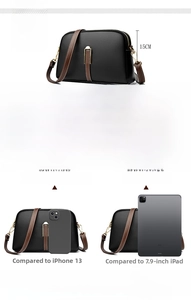 Detailed size parameters of the black crossbody bag with dimension lines and phone comparison