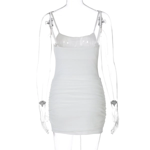 Detailed view of the white ruched bodycon mini dress with twisted waist and U-neckline