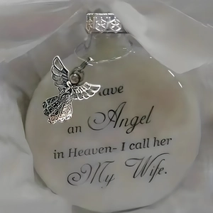 Memorial feather ball ornament for wife in heaven with silver angel charm on white silk