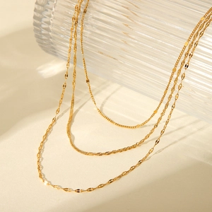 Three-layer 18K gold plated stainless steel necklace set with varied link styles