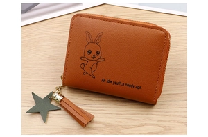 Detail of a brown PU leather coin purse with rabbit print and starry tassel zipper