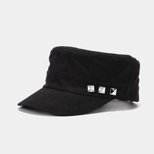 Detail of black cotton cadet cap with three silver square metal rivets on side panel
