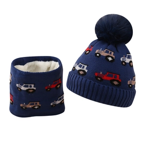 Kids warm winter knit hat and scarf set with colorful tractor patterns and fleece lining