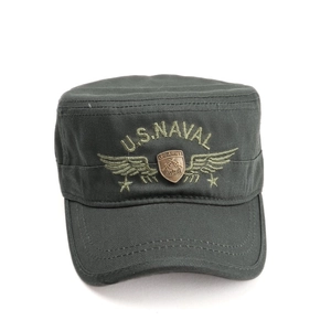 Detail view of military flat top cap with U.S. NAVAL embroidery and star shield badge