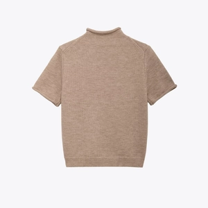 Back view of a soft brown short-sleeved knit sweater with a sophisticated semi-high neck
