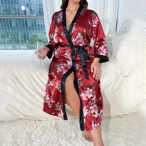 Plus size wine red silk satin robe with floral prints and black trim for loungewear