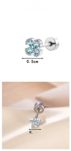 Detail of light blue zircon flower cartilage piercings with screw backs in 0.4cm and 0.5cm